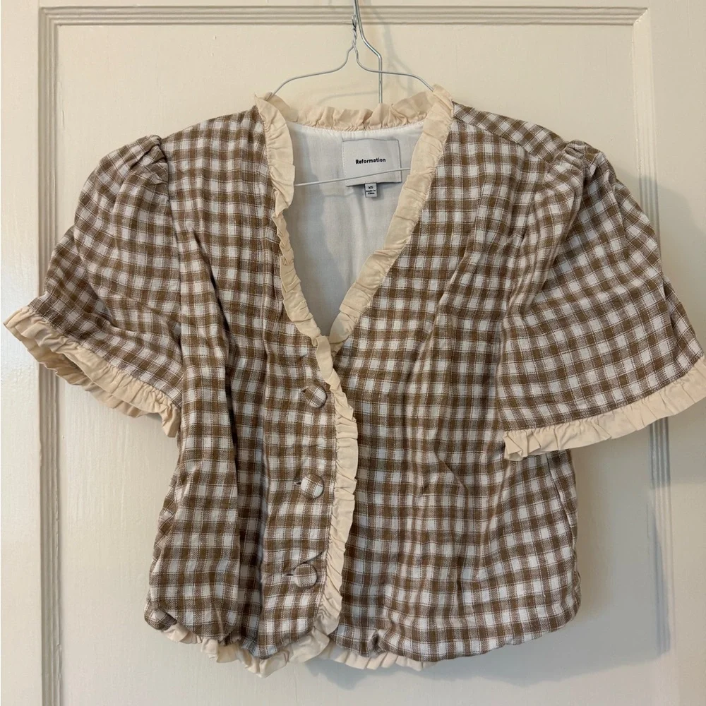 Reformation Beige and Cream Gingham Puff-Sleeve Blouse - Picture 3 of 3